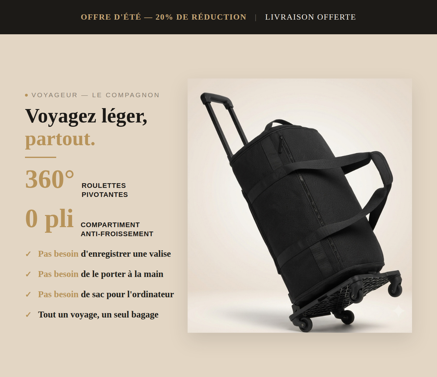 VOYAGEUR — Le Compagnon Noir, vue détaillée du sac de voyage