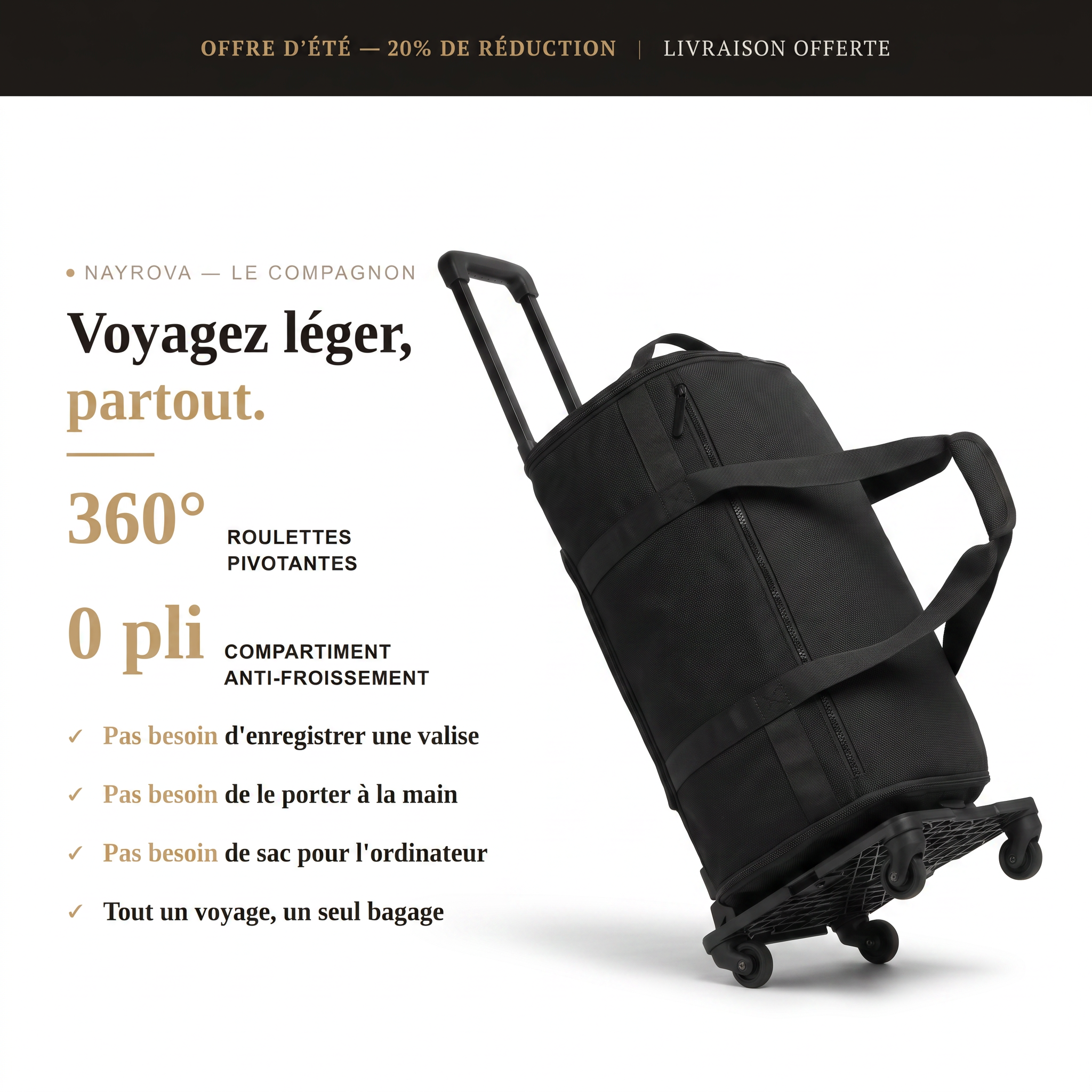 VOYAGEUR — Le Compagnon Noir, vue détaillée du sac de voyage
