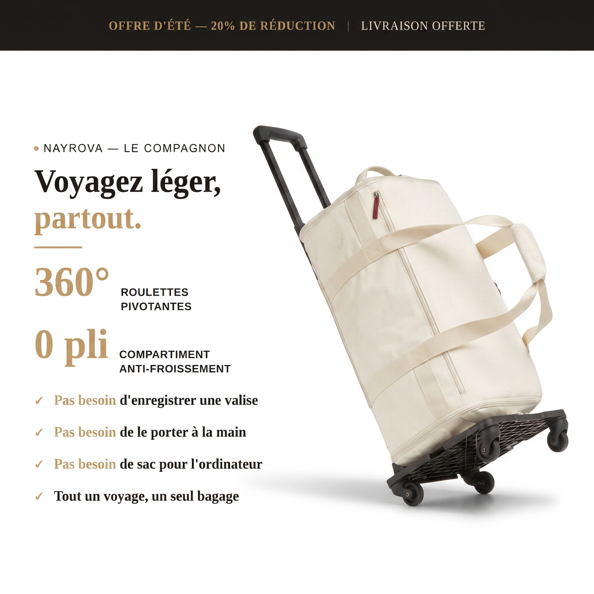 VOYAGEUR — Le Compagnon Beige, vue détaillée du sac de voyage