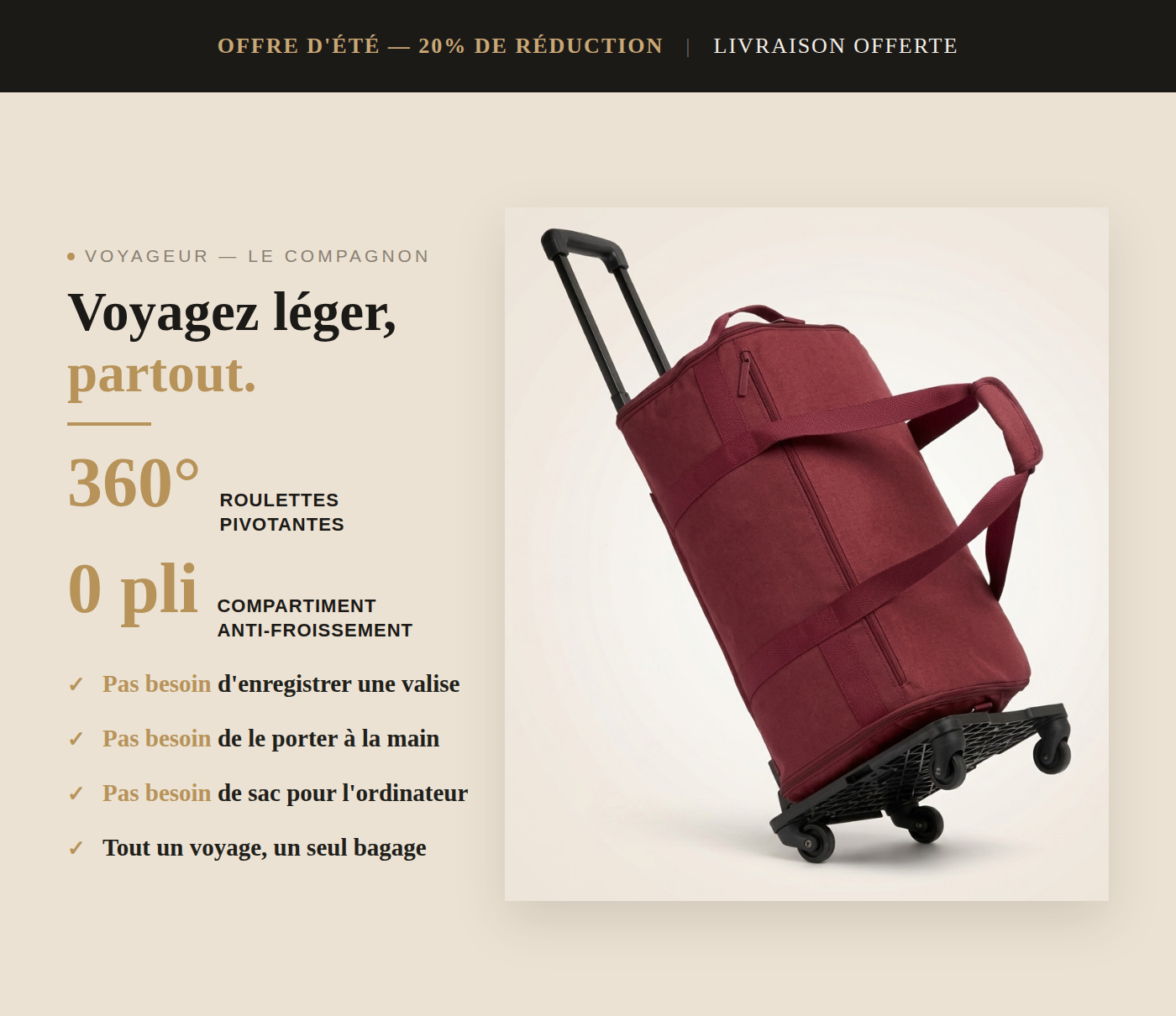 VOYAGEUR — Le Compagnon Bordeaux, vue détaillée du sac de voyage