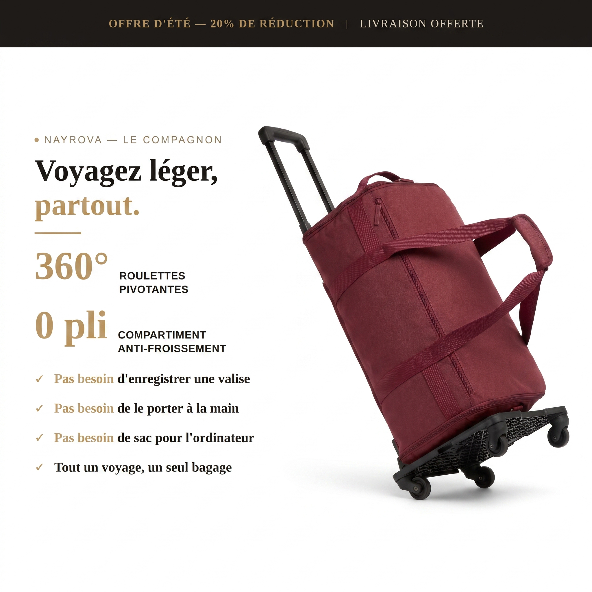 VOYAGEUR — Le Compagnon Bordeaux, vue détaillée du sac de voyage